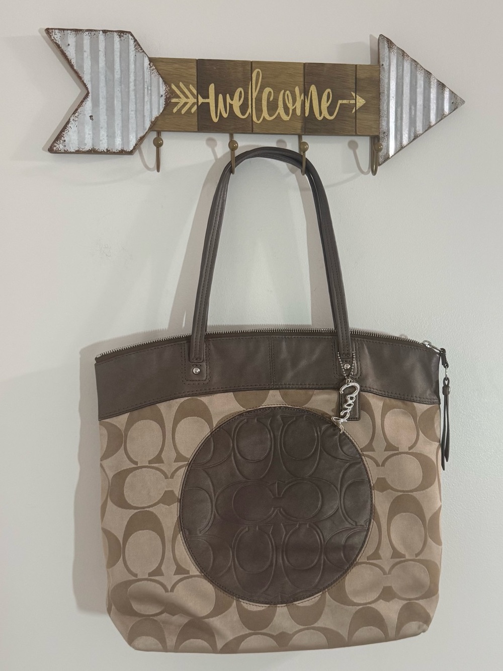 Coach Tan and Brown Signature Tote with Leather Trim